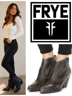 Frye Reina Distressed Western Leather Ankle Booties with Side Zip in black brown